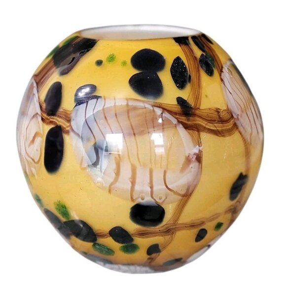 ArtGlass Other - Vintage Murano Style Round Hand Blown Glass Vase Yellow Cobalt